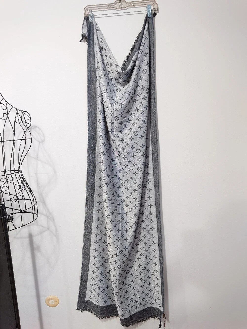 Monogram Inspired Gray & Black Silk Scarf Wrap Shawl